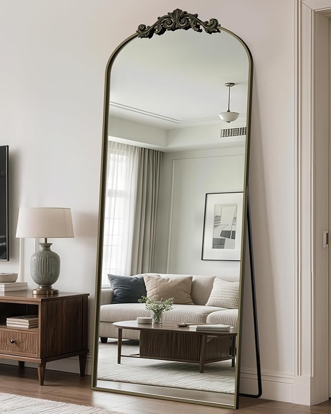 Antok Arched Full Length Mirror, 71"x32" Floor Mirror with Carved, Full Body Mirrors for HomeDecor, Standing/Halling Large Wall Mirror for Bedroom, Living Room, Cloakroom, Bronze, Retro Style
