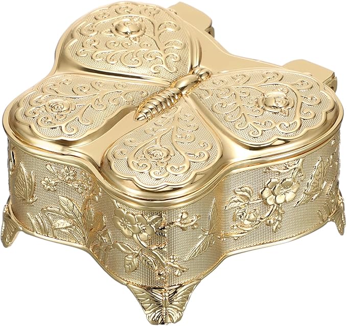 Hipiwe Vintage Jewelry Box Decorative Treasure Chest Butterfly Shape Trinket Keepsake Storage Box Gold Necklace Earring Holder Gift for Women, Small