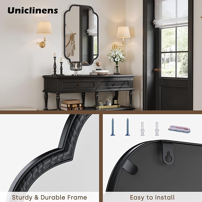 Uniclinens Black Scalloped Mirror Wall Decor - Large Decorative Wall Mirror 36"X24" with Vintage Baroque Metal Frame, Ideal for Entryway, Fireplace, Living Room, Hallway, Bathroom