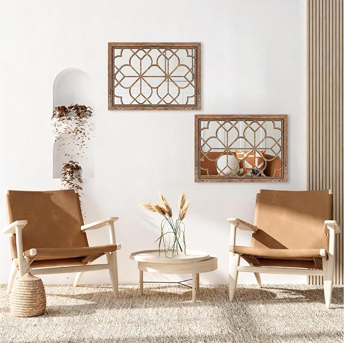 Set of 2 19x26 Inch Large Redbrown Shatterproof Rectangular Wall Mirrors, Boho Rustic Farmhouse Vintage Accent Mirrors for Living Room Bedroom Entryway Dining Room & Home Decor
