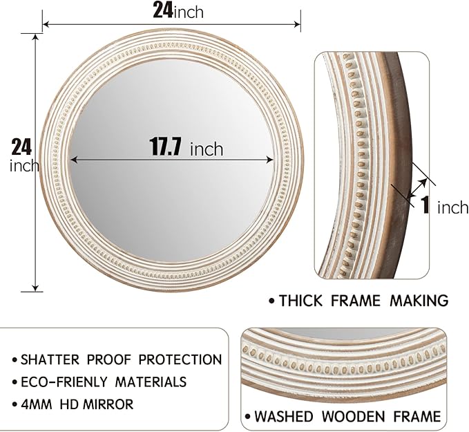 Reflinto 24 Inch Boho Wooden Round Mirrors for Wall Decor, Rustic Farmhouse Decorative Circle Mirror for Bathroom Over Sink, Living Room, Entryway, Bedroom