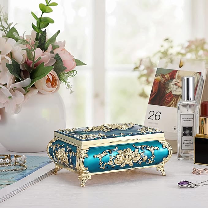 Hipiwe Metal Decorative Jewelry Box Vintage Treasure Chest Case Ornate Trinket Organizer Earrings Necklace Bracelet Storage Box Ring Holder Keepsake Box for Women