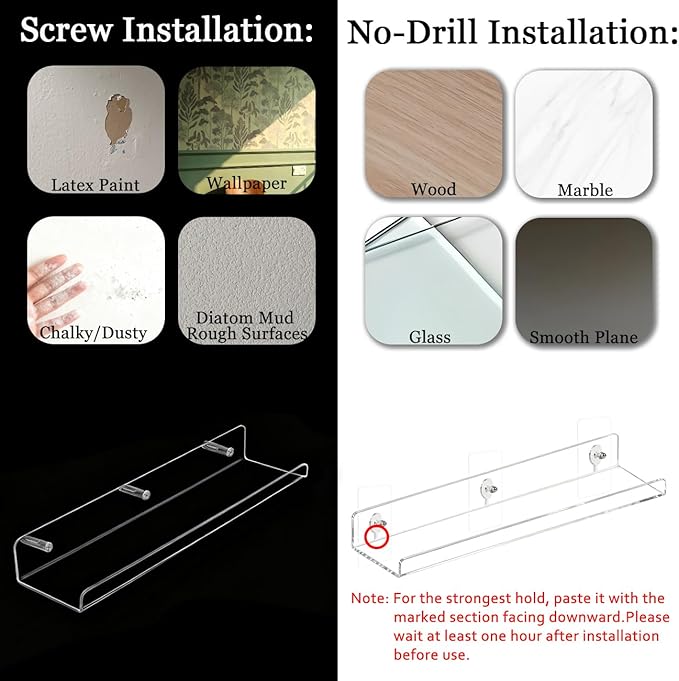 Consss 2 Pack No Drill Floating Shelves for Wall，11.8'' x 3.6'' Clear Acrylic Display Shelf for Living Room,Gaming Room, Office, Bathroom, Bedroom, Kitchen, Invisible Wall Organizers