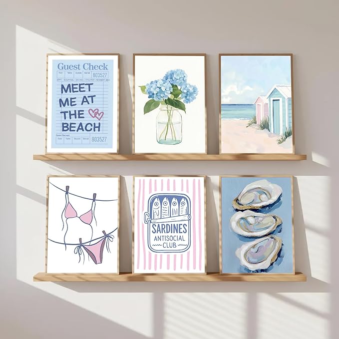 Zuowclli 6Pcs Preppy Coastal Wall Art Prints Pink Blue Coastal Granddaughter Wall Decor Pictures Summer Bikini Oysters Hydrangeas Beachy Aesthetic Posters for Girly Bedroom Dorm Apartment 8x10in