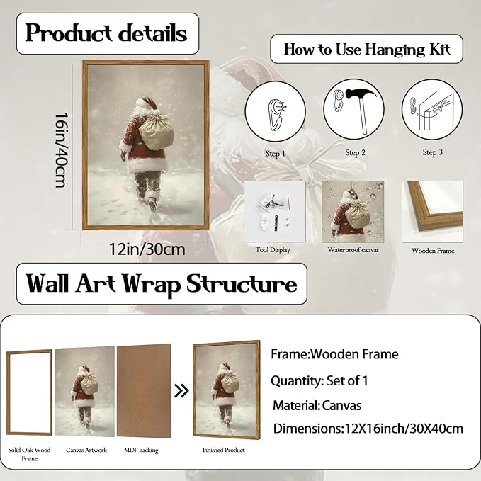 Framed Vintage Christmas Canvas Wall Art, Rustic Santa Claus Walking Snowy Wall Decor Paintings, Winter Holiday Aesthetics Pictures Print Christmas Home Decor for Living Room Bedroom 12×16 inch