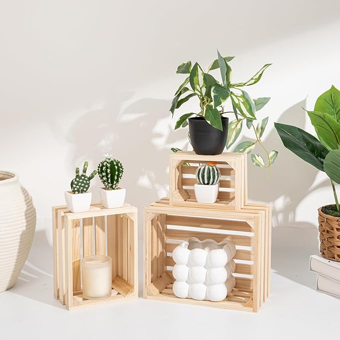 Oairse Set of 3 Nesting Wooden Storage Crates - Rustic Wooden Storage Crates for Display Wood Container Boxes Wood Baskets for Farmhouse Flower Stand Display Rack for Shops or Exhibitions Home Decor
