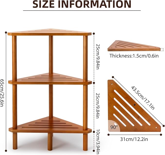 Yoshiky 3-Tier Free Standing Corner Shower Caddy, Bamboo Wood Bathroom Shower Shelf Table for Inside Shower Organizer & Storage Foot Rest Shower Stool