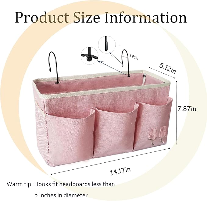 Bedside Caddy, Bedside Hanging Storage Organizer forBunk and Hospital Beds,College Dorm Bed，Can be Placed Glasses Books Mobile Phones(Light Pink)