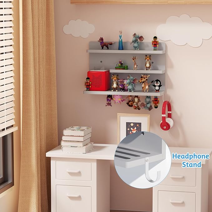for Tonies Shelf Magnetic - Tonies Figure Organizer for Kids Room, Wooden Magnetic Display Shelf for Tonies Box Holder, Wall Floating Shelves Toy Storage Compatible Charging Station (3 Tier, Grey)