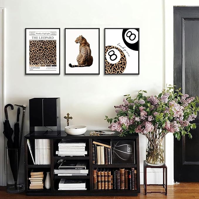 Set of 3 Trendy Leopard Wall Art Funky Lucky 8 Ball Posters Prints Preppy Room Aesthetic Cheetah Wall Decor Pictures for Girls Bedroom Apartment Dorm Unframed 12x16in