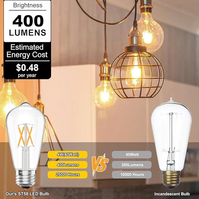 MorningLight 6 Pack Vintage LED Edison Bulbs, Dimmable E26 LED Edison Light Bulbs 40Watt 3000K Soft White, 4W ST58 Antique Decorative LED Bulbs for Farmhouse Pendant/Porch Lights, 400LM