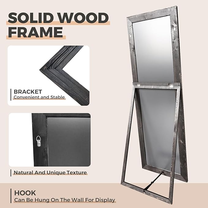 65"x22" Full Length Mirror Solid Wood Frame Floor Mirror with Stand for Living Room, Bedroom Hanging Standing or Leaning, Black