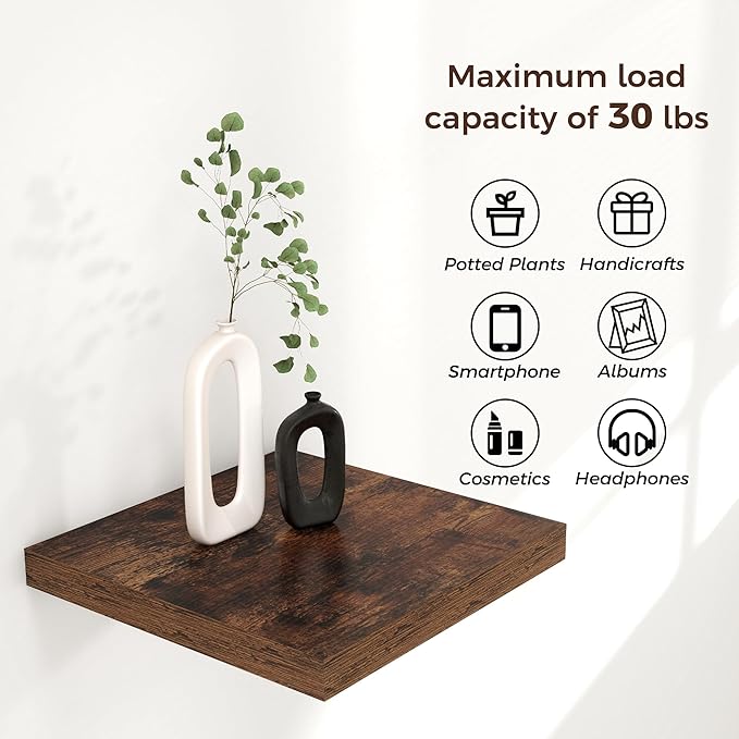 Square Floating Shelves for Wall 12"W x 12"D x 1.2"H, Small Engineered Wood Wall Shelves with Invisible Brackets for Living Room Bedroom Bathroom Office Kitchen Storage Decor, Rustic Brown, Set of 3