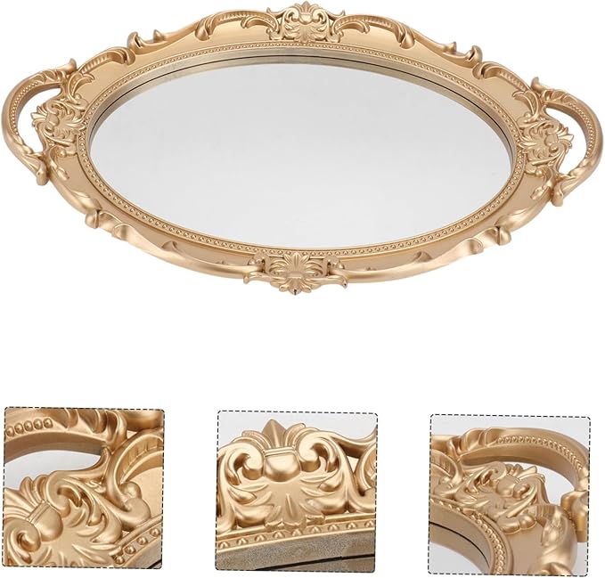 Generic Vintage Retro Mirror Tray Decorative Storage Plate for Jewelry and Perfume Elegant European Style Makeup Organizer Tray for Vanity and Dresser Delicate High-Texture Oval Mirror