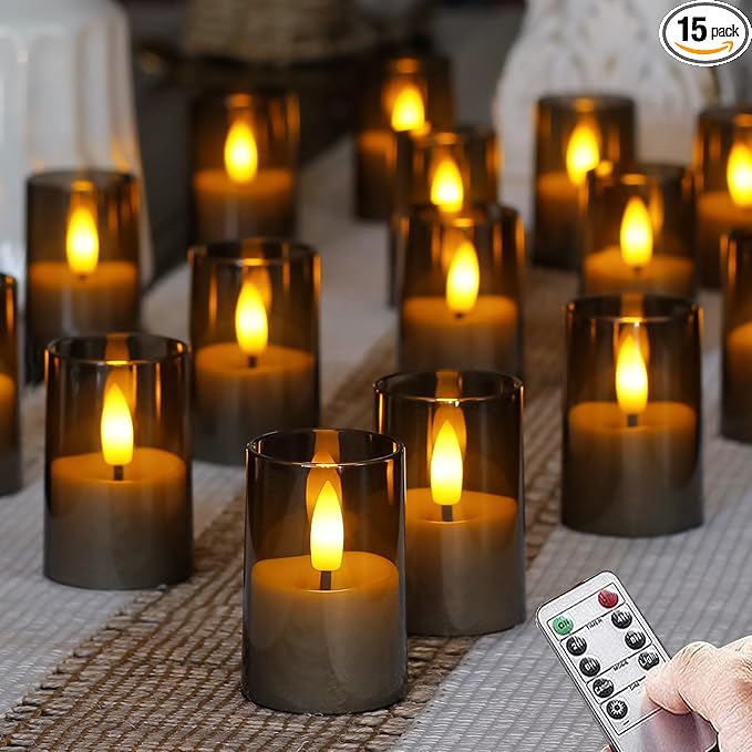 Flameless Small Tea Light LED Candles, Acrylic Battery Operated Votive 1.7" x2.5" with Remote Control and Timer, Tealight Grey Flickering Warm Light Pack of 15 Electric Long Lasting