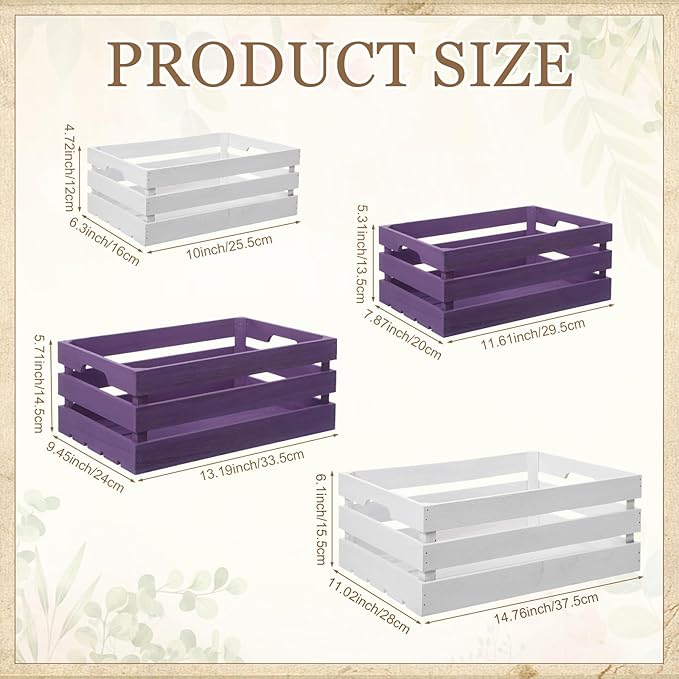 Novabright 4 Pcs Decorative Wooden Crates for Display, Purple & White Nesting Wood Crates with Handles, Rustic Farmhouse Storage Boxes for Wedding Birthday Home Decor Shelf Organization