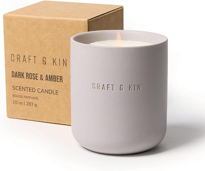 Craft & Kin Scented Candles - Dark Rose & Amber Holiday Candles | 10oz Soy Blend with Cotton Wick | Long-Lasting, 40-Hour Burn | Ceramic Jar, Perfect & Winter Home Scent