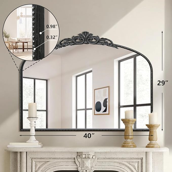 Micasso Large Vintage Black Mirror: 40" x 29" French Baroque Antique Mirror - Traditional Ornate Decorative Arched Mirrors for Wall/Bathroom/Entryway/Fireplace/Hallway - Home Decor for Living Room