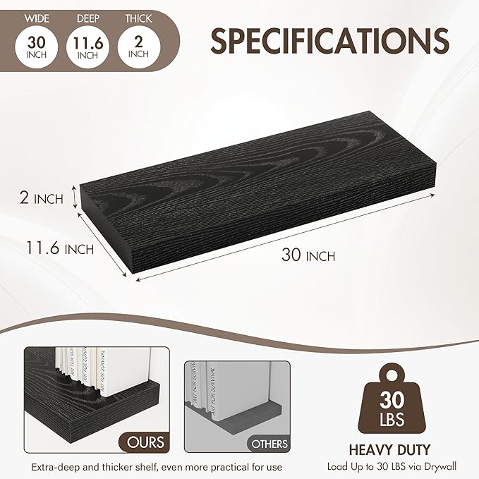 Acovy 30 Inch Floating Shelves, 12" Deep Floating Shelf Wall Mounted, 30" Wall Shelves, Rustic Deep Bookshelf, Extra Deeper & Thicker Display Shelves for Bedroom, Living Room, Black, Set of 2