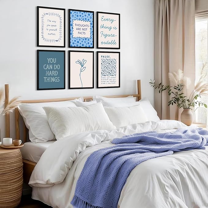 Mental Health Wall Decor Therapy Office Canvas Wall Art Posters Blue Boho Motivational Picture Psychology Artwork Inspirational Positive Quotes Prints for Counseling Office 12x16 Inch Wood Framed 6Pcs