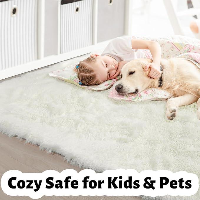 Amdrebio Ivory Area Rugs for Living Room Bedroom, 8x10 Big Large Soft Fluffy Neutral Carpet for Kids Room, Shaggy Thick Fuzzy Floor Rugs for Apartment Playroom Nursery Classroom, Furry Cream White Rug