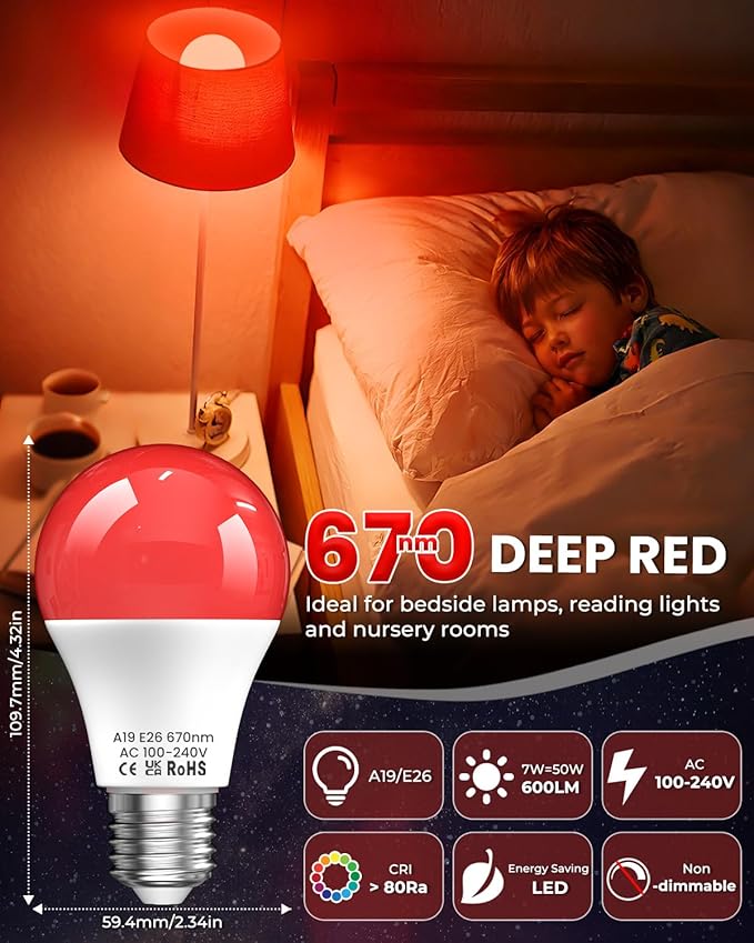 Lustaled 7W 670nm Red Light Bulb for Sleep, 100% Blue Light Blocking Red Night Light Bulbs for Melatonin Promote, A19 E26 50W Equivalent LED Red Bulb for Bedroom Lamp, Baby Nursery, Reading, 4-Pack