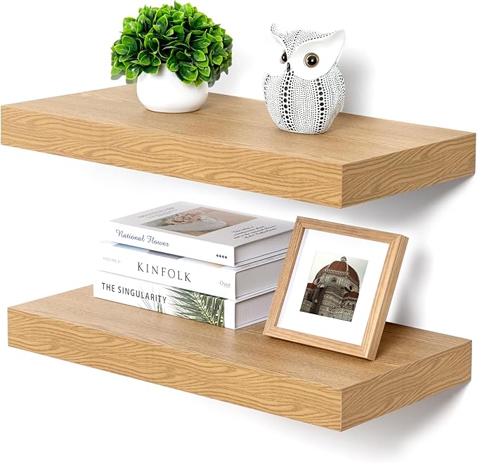 FLYJOE Deep Floating Shelves | 24 Inch Oak Floating Shelves Set of 2 | 12 Inch Deep Rustic Wood Shelves for Wall | 24" W x 12" D Oak Shelves for Living Room Bathroom Laundry Room Kitchen