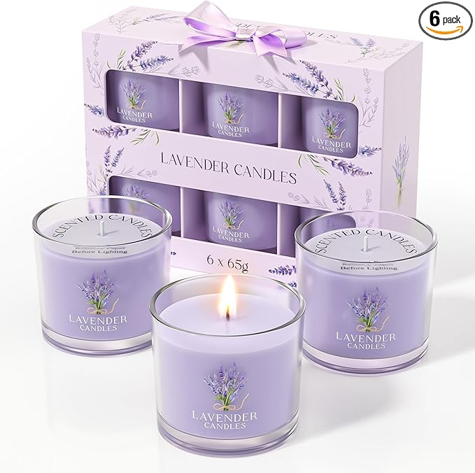 CHILLFLAME Lavender Candle, Scented Candles Gift Set for Stress Relief, 6 Votive Candles for Women and Men, Birthday Candle Gifts for Women, Christmas Candles for Women (Purple, 14 oz)