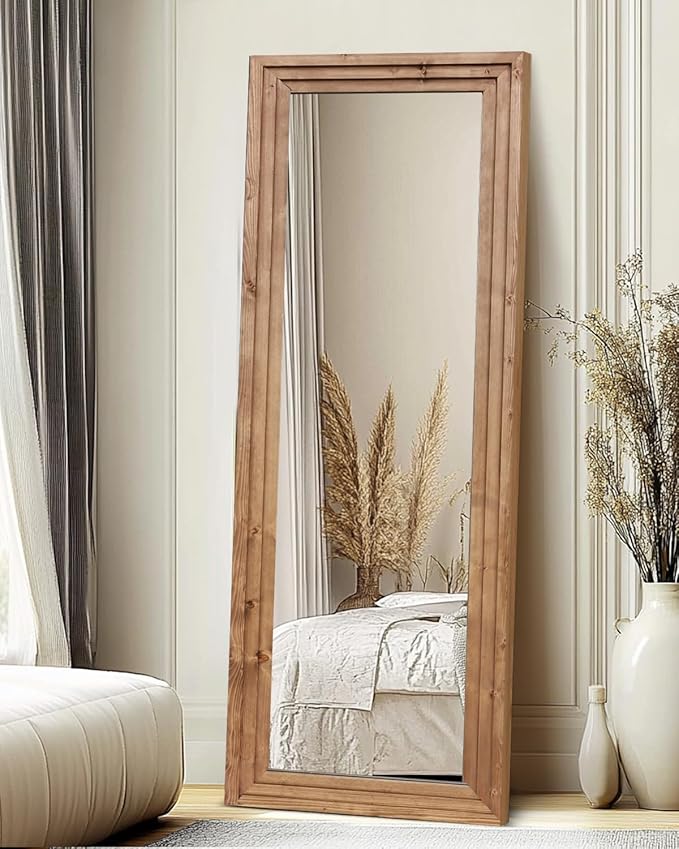 Full Length Mirror 65"x22" with Stand Solid Wood Frame Floor Large Mirror for Living Room, Bedroom Hanging Standing or Leaning Wall-Mounted, Light Brown