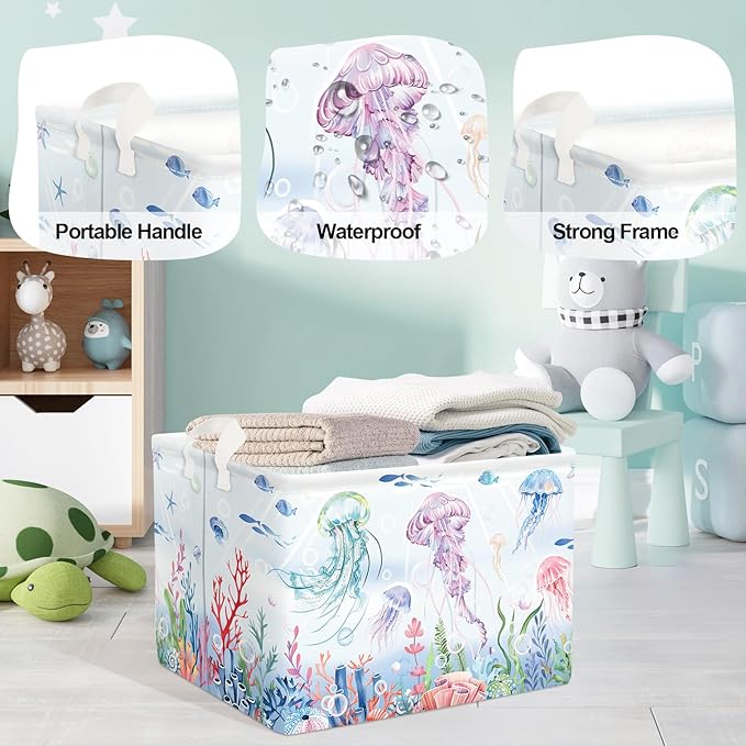 Ocean Animals Baby Laundry Hamper Collapsible Clothes Kids Storage Basket Large Boys Girls Gift Toy Box Bin for Nursery Room, Colorful Jellyfish, 36L