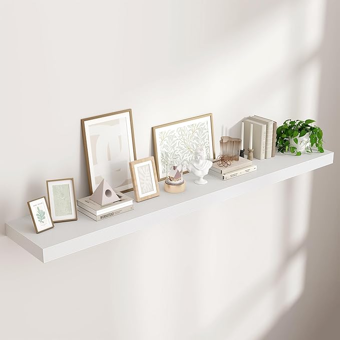Venusmiles Floating Shelves for Wall 71 inch Long, Engineered Wood Large Wall Shelves with Invisible Brackets for Living Room Bedroom Bathroom Office Kitchen Decor and Storage, White Finish, Set of 1