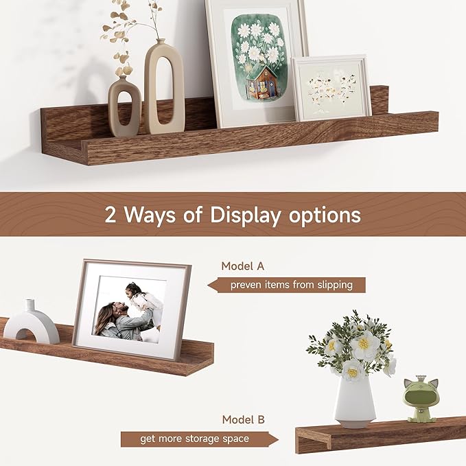 Fun Memories Walnut Floating Picture Ledge Shelves for Wall Decor, Wall Mounted Wood Storage Shelf for Bedroom, Living Room, Bathroom, Kitchen, Nursery, Display Picture Ledge Shelf Set of 2-16 Inches