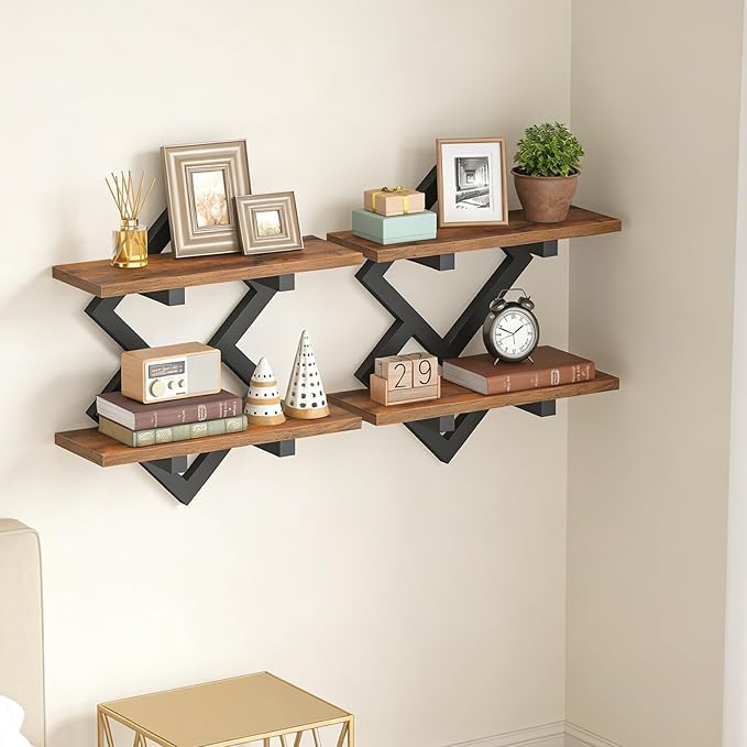 HOOBRO 15" Floating Shelves for Wall, Set of 2 Wall shelf, 2-Tier Hanging Shelves, Wall Mounted Storage Shelf, Display Rack, for Living Room Bedroom Kitchen Bathroom, Rustic Brown and Black BF14BJP201