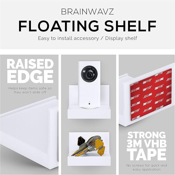 BRAINWAVZ Screwless 4" Universal Shelf for Cloud Security Camera, Baby Monitor, Small Speakers, Electronics & More, No Tools, VHB Tape Strong Adheasive, Easy to Install (White)