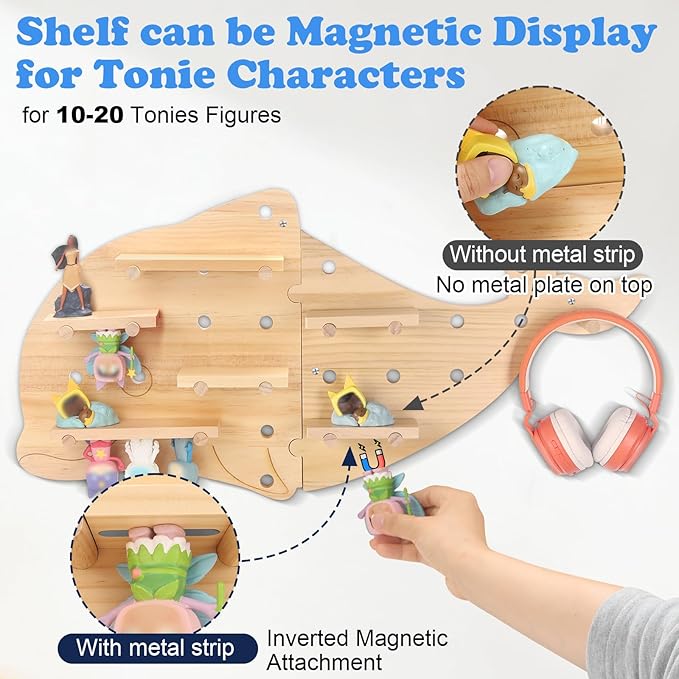 Inspired by Montessori Display Shelf for Tonies 2/1 Toniebox Figures, Dolphin DIY Open-Ended Play Storage Organizer Wall Shelf for Tonies Box Characters, Enhance Children's Hands-On Skills