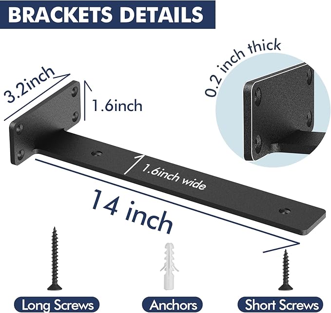Starunder 6 Pack Floating Shelf Brackets,14 inch Heavy Duty Industrial Shelf Bracket, Black Metal L Brackets for Shelves Support DIY(1/5 Inch Thicked)