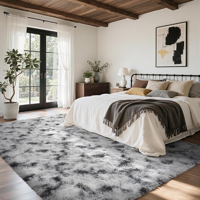 5x7 Ft Large Shag Rug for Living Room Bedroom,Tie-Dyed Ultra Soft Fluffy Furry Area Rug Kids Nursery Office, Aesthetic Carpet for Indoor Floor Home Decor (Black White)