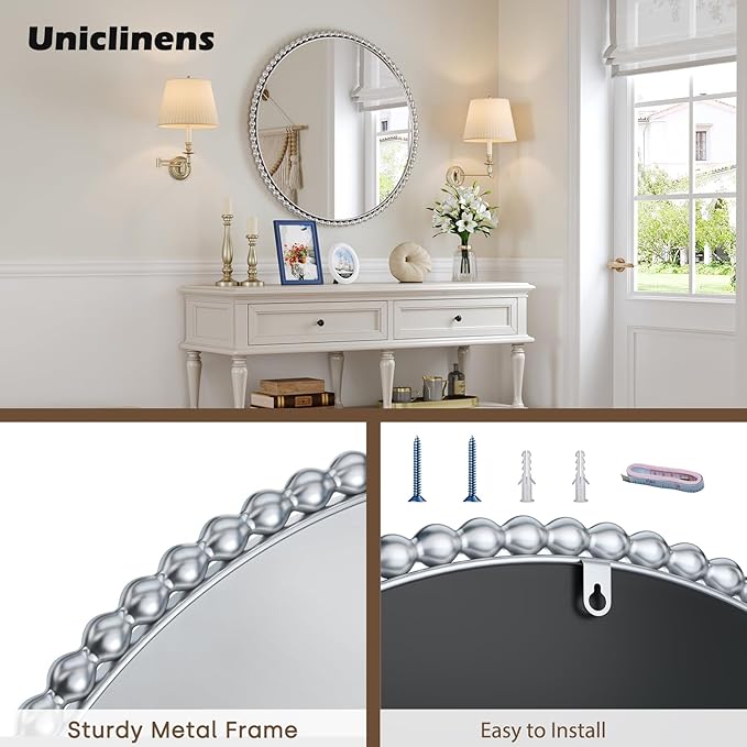 Uniclinens Beaded Round Wall Mirror 31.5" - Large Vintage Mirror Wall Decor with Metal Frame, Ideal for Entryway, Fireplace, Living Room, Hallway, Bathroom, Silver