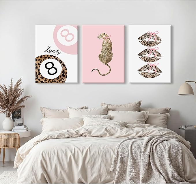 Pink Leopard Wall Art Decor Cheetah Trendy Poster Preppy Aesthetic Canvas Room Decor Pictures Coquette Y2k Wall Art 8 Ball Prints Pink Fashion Bow Artwork for Girls Bedroom 16x24x3 Inch Wrapped Canvas
