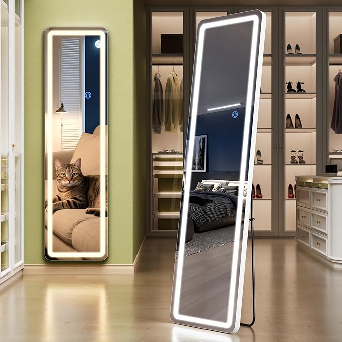Standing Mirror Full Length with LED Lights, 60"x16" Lighted Mirror with Dimming & 3 Color Lighting, Tall Mirror Full Body for Bedroom, Dressing Room