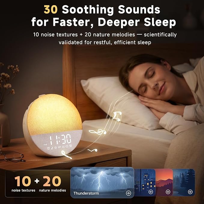 Geuuap Sunrise Alarm Clock White Noise Machine | Natural Wake-Up Light for Bedroom with 30 Soothing Sleep Aids, Bluetooth Speaker, Dimmable Clock, Screen-Free Design for Baby Adults Kids-Khaki