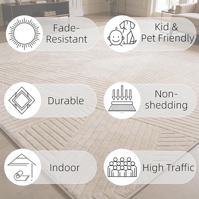 5x7 Solid Color Area Rugs, Brown Modern Geometric Rug, Living Room Rug, Durable Non-Slip Soft High-Low Pile, Fluffy Floor Rugs for Bedroom, Kids Room, Nursery, Home Décor, Light Brown