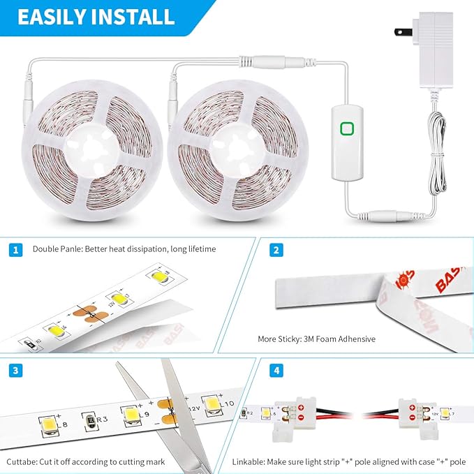 Led Strip Lights 65.6ft White Dimmable Led Light Strip Flexible Rope Lights Kits with 24v Etl Power Supply, Adhesive Clips, Dimmer Switch and Connectors for Indoor Decor
