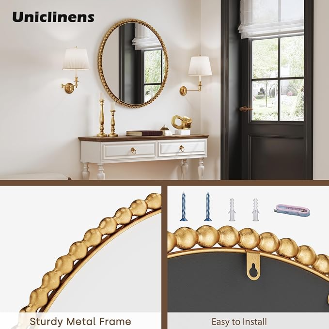 Uniclinens Gold Round Beaded Wall Mirror - Large 31.5" Vintage Mirror Wall Decor with Metal Frame, Ideal for Entryway, Fireplace, Living Room, Hallway, Bathroom