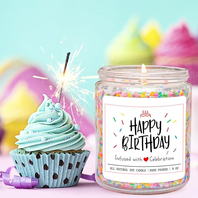 Homsolver Happy Birthday Gifts for Women Men, Vanilla Cream Scent with Sprinkles Candy Birthday Candles, Unique Best Friend Idea Gifts, Handmade Candle Decor