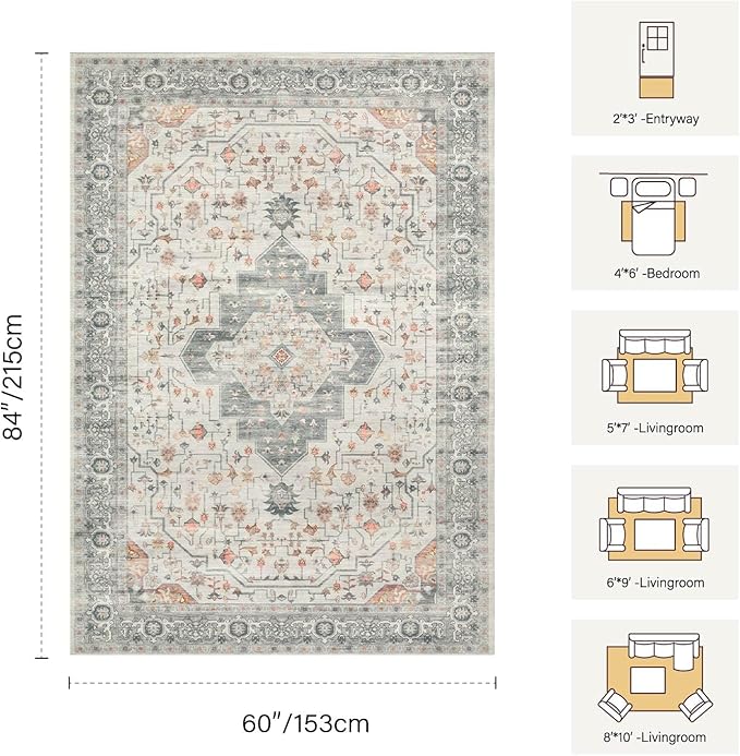 Rugxara 5X7 Taupe Washable Area Rug for Living Room, Vintage Boho Rugs for Office, Dining Room, Kids Room, Farmhouse, Low Pile Non Slip Carpet for High Traffic Areas