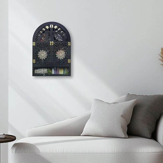 Large Crystal Display Shelf for Wall, Crescent Moon Phase Shelf Wall Decor, Wooden Arch Shelf, Tree of Life Crystal Holder Organizer, Cabinet for Gem Stone Rock, Spiritual Home Room Decor