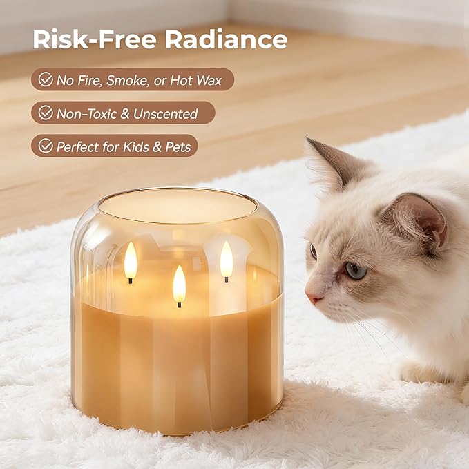 3 Wick Glass Flameless Candle with Remote and Timer, 6"x6" Extra Large Real Wax LED Pillar Candle Battery Operated with 3D Flickering Flame for Festival Wedding Home Party Decor (Gold)