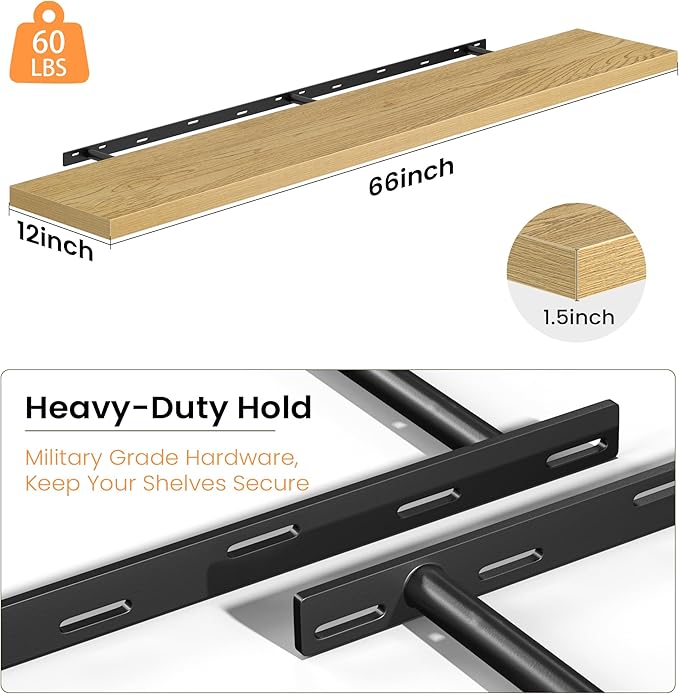 Fun Memories 66 Inch Floating Shelves, 12 Inch Deep Wall Shelf for Fireplace Mantel, Oak Deep Storage Shelves for Home & Office, Long Floating Shelf with Invisible Bracket, Set of 1