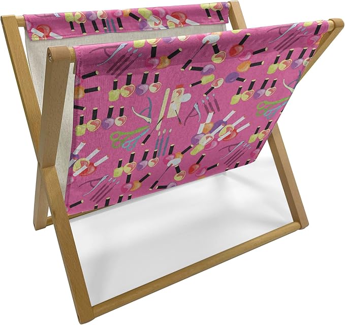 Lunarable Makeup Magazine and Book Holder, Beauty Cosmetic Products with Nail Polish Manicure Set Care for Hands Feminine Theme, Decorative Floor Rack Organizer for Living Room, 22"x19", Multicolor